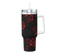 Nbtghga 40oz Red and Black Roses Print Ice Bully with Handle and Straw Stainless Steel Vacuum Insulated Cup Straw Lid