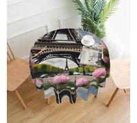 Nbtghga Flower Paris Eiffel Tower Print Tablecloth Round Border Table Cloth Cover Decorative For Party Holiday Dinning Tabletop Home