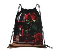 Nbtghga Red Rose And Wine Romantic Lovers Decor Print Drawstring Bags Gym Bag,Draw String Back Bag For Shopping Sport Yoga Travel,Beach