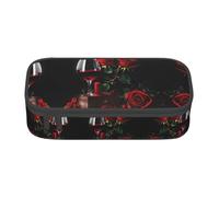 Nbtghga Red Rose and Wine Romantic Lovers Decor Print Pencil Case Holder Stylish Slim with Zipper Cosmetic Makeup Pouch Bag for Girls Teens Adults