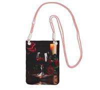 Nbtghga Red Wine Rose And Candle Print Carry A Mobile Phone Bag Diagonally, Multi-Functional Small Purse For Coins And Cellphone