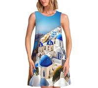 Nbtghga Santorini Greek Island Sea View Print Summer for Women Sleeveless Beach Dresses,Cute Crewneck Sleeveless Dress with Pockets Black