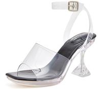 NBUUNBU Clear Ankle Strappy Heels for Women Sexy Transparent Straps Buckle Platform Kitten High Heel Comfortable Cinderella Shoes Stilletos Square Toe Sandals Mules Pump, Black, 4.5 UK
