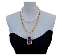 NBYGSC Necklace Natural Freshwater White Rice Pearl Chain Necklace Purple Amethysts Druzy Pendant 17inch Necklace Office Style Jewelry Gift
