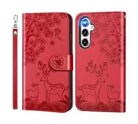 Nbziyoo Phone Case for Samsung Galaxy A05s, Embossed Deer Floral Animal Flip Wallet Case with Card Slots, Premium Magnetic Protective PU Leather Cover Case for Samsung A05s.Red