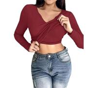 Nbzsmlkn Built in Bra Long Sleeve,Women Long Sleeve Shirts Built-in Shelf Bra Tops Rib-Knit Top Fall Outfits,Womens Long Sleeve Shirts U-Neck Knit Stretch Casual Basic Tops (Red,M)