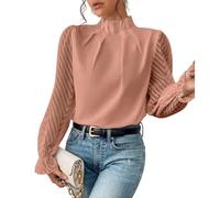 Nbzsmlkn Elegant Blouse,Womens Mock Neck Pleated Blouses Tops Mesh Sleeve Flounce Long Sleeve Casual Loose Fitted Solid Color Office Dressy Blouses (Pink,L)