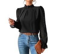 Nbzsmlkn Elegant Blouse,Womens Mock Neck Pleated Blouses Tops Mesh Sleeve Flounce Long Sleeve Casual Loose Fitted Solid Color Office Dressy Blouses (Black,L)