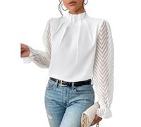Nbzsmlkn Elegant Blouse,Womens Mock Neck Pleated Blouses Tops Mesh Sleeve Flounce Long Sleeve Casual Loose Fitted Solid Color Office Dressy Blouses (White,M)