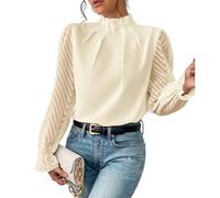 Nbzsmlkn Elegant Blouse,Womens Mock Neck Pleated Blouses Tops Mesh Sleeve Flounce Long Sleeve Casual Loose Fitted Solid Color Office Dressy Blouses (Beige,S)