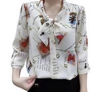 Nbzsmlkn Fashionable Shirt Made of Smooth Silk with Floral Pattern,Women's Bow Tie Neck 3/4 Sleeve Dressy Blouse Shirt Tops,Casual Bow Tie Neck Button Down Shirts (Butterfly,M)