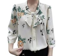 Nbzsmlkn Fashionable Shirt Made of Smooth Silk with Floral Pattern,Women's Bow Tie Neck 3/4 Sleeve Dressy Blouse Shirt Tops,Casual Bow Tie Neck Button Down Shirts (Green Flower,L)