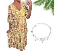 Nbzsmlkn Geouscra Bohemian Casual Print V-Neck Waist Wrap Long Dress,Plus Size Summer V Neck Floral 3/4 Sleeve Dress Women (Yellow,5XL)