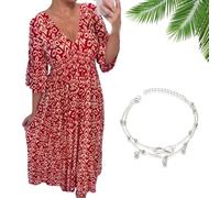 Nbzsmlkn Geouscra Bohemian Casual Print V-Neck Waist Wrap Long Dress,Plus Size Summer V Neck Floral 3/4 Sleeve Dress Women (Red,M)