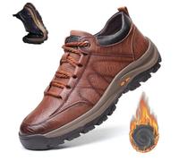 Nbzsmlkn Hand-stitched Leather Shoes,Men Hiking Shoes Arch Support Anti-Fatigue Anti Slip Shock Warm Running Boots,Men's Comfortable Orthopedic Leather Sneakers with Arch Support (Brown Plush,5.5)