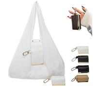 Nbzsmlkn Keychain Tote Bag, Compact & Foldable Vegan Leather Bag with Key Ring, Lightweight, Foldable, Expands Into Spacious Shopping Tote (White)