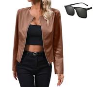 Nbzsmlkn Leather Women's Jacket,Women's Short Faux Leather Jacket,Women's PU Leather Zip Up Crop Jacket,Casual Vintage Zip Up Collar Motorcycle Short Coat Jacket (Brown,M)