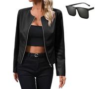 Nbzsmlkn Leather Women's Jacket,Women's Short Faux Leather Jacket,Women's PU Leather Zip Up Crop Jacket,Casual Vintage Zip Up Collar Motorcycle Short Coat Jacket (Black,2XL)