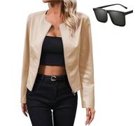 Nbzsmlkn Leather Women's Jacket,Women's Short Faux Leather Jacket,Women's PU Leather Zip Up Crop Jacket,Casual Vintage Zip Up Collar Motorcycle Short Coat Jacket (Apricot,L)