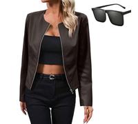 Nbzsmlkn Leather Women's Jacket,Women's Short Faux Leather Jacket,Women's PU Leather Zip Up Crop Jacket,Casual Vintage Zip Up Collar Motorcycle Short Coat Jacket (Coffee,L)