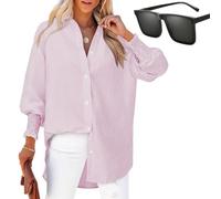 Nbzsmlkn Striped Ladies Shirt with Elastic Sleeves,Women's Striped Button Down Shirts,Oversized Blouses Boyfriends Loose Fashion Smocked Cuffed Shirts with Pocket (Pink,S)