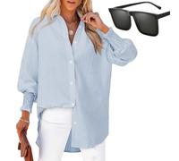 Nbzsmlkn Striped Ladies Shirt with Elastic Sleeves,Women's Striped Button Down Shirts,Oversized Blouses Boyfriends Loose Fashion Smocked Cuffed Shirts with Pocket (Blue,S)