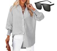 Nbzsmlkn Striped Ladies Shirt with Elastic Sleeves,Women's Striped Button Down Shirts,Oversized Blouses Boyfriends Loose Fashion Smocked Cuffed Shirts with Pocket (Gray,L)