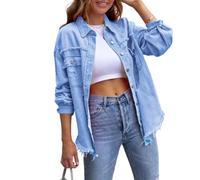 Nbzsmlkn The Beauty Denim Jacket,Women's Oversized Denim Jackets Lapel Button Down Open Front Frayed Shacket Jean Coat,Classic Lapel Button Down Distressed Jacket (Sky Blue,XL)