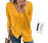 Nbzsmlkn V-Neck Solid Color Knitted Top for Women,Solid Color Sweater Long Sleeve Soft Knit Casual Cardigan Coat,Womens Cardigan Sweaters V-Neck Lightweight Knit Cardigans (Yellow,L)
