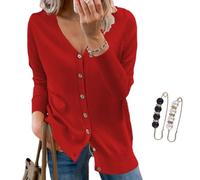 Nbzsmlkn V-Neck Solid Color Knitted Top for Women,Solid Color Sweater Long Sleeve Soft Knit Casual Cardigan Coat,Womens Cardigan Sweaters V-Neck Lightweight Knit Cardigans (Red,XL)