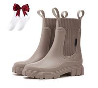 Nbzsmlkn Waterproof and Non-Slip Mid-Calf Boots with Thick Soles,Ladies Orthotic Rain Boots with Arch Support,Elastic Slip on Waterproof Lightweight Slip Resistant Garden Booties (Apricot,5.5)