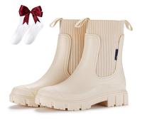 Nbzsmlkn Waterproof and Non-Slip Mid-Calf Boots with Thick Soles,Ladies Orthotic Rain Boots with Arch Support,Elastic Slip on Waterproof Lightweight Slip Resistant Garden Booties (White,4)