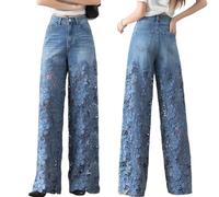 Nbzsmlkn Women's High-Waisted Blue Denim Wide-Leg Pants with Cut-Out Lace Panels,High Waisted Vintage Straight Wide Leg Hollow Out Sheer Flower Baggy Denim Pants (Blue,L)