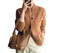Nbzsmlkn Women's Knitted Cardigan Jacket with Button,Women's Casual Long Sleeve Button Down Cardigan Sweater Knit Outwear,Stand Neck Loose Knit Sweater Jacket (Camel,L)