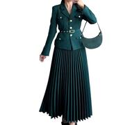 Nbzsmlkn Womens Lapel Blazer Pleated Maxi Skirt 2 Piece Set with Matching Belt,Womens Pleated Sets Casual Jacket Blazer with Belt & High Waist Pleated Maxi Skirt Sets (Green,L)