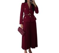 Womens Lapel Blazer Pleated Maxi Skirt 2 Piece Set with Matching Belt,Womens Pleated Sets Casual Jacket Blazer with Belt & High Waist Pleated Maxi Skirt Sets (Wine Red,L)