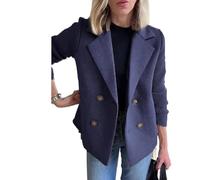 Nbzsmlkn Women's Lapel Button Knitted Patchwork Sleeve Casual Coat Cropped Pea Coat,Women's Winter Pea Coat Double Breasted Knitted Patchwork Blazer Sweater (Blue,S)