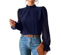 Nbzsmlkn Women's Navy Blue Mock Neck Pleated Blouse, Mesh Sleeve, Flounce Long Sleeve, Loose Fit, Solid Color, Large
