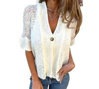 Nbzsmlkn Women's Solid Color, One Button Knitted Top,Women's Hollow Out Button Down Cardigan Sweaters Sheer Crochet V Neck Knit Outwear,Short Sleeve Open Front Casual Loose Cardigans (White,L)
