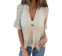 Nbzsmlkn Women's Solid Color, One Button Knitted Top,Women's Hollow Out Button Down Cardigan Sweaters Sheer Crochet V Neck Knit Outwear,Short Sleeve Open Front Casual Loose Cardigans (Apricot,M)