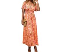 Nbzsmlkn Women's Sweet Vintage Floral Dress,Womens Floral Vacation Dresses Casual Waisted Beach Sundresses,Short Sleeve Wrap V Neck A-Line Midi Casual Vacation Dresses (Orange,XXL)