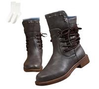 Nbzsmlkn Women's Vintage Side Lace-Up Boots,Mid Calf Boots Wide Lace Up Chunky Blcok Low Heel Booties Comfortable Round Toe Retro Boot with Back Zipper (Grau,7.5)