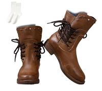 Nbzsmlkn Women's Vintage Side Lace-Up Boots,Mid Calf Boots Wide Lace Up Chunky Blcok Low Heel Booties Comfortable Round Toe Retro Boot with Back Zipper (Braun,3)