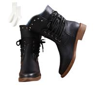 Nbzsmlkn Women's Vintage Side Lace-Up Boots,Mid Calf Boots Wide Lace Up Chunky Blcok Low Heel Booties Comfortable Round Toe Retro Boot with Back Zipper (Schwarz,5.5)