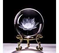 NC 60mm 3D Carved Glass Lotus Flower Sphere with Stand, Clear/White, Asian Style, Free-standing, Polished Finish, 30mm x 60mm x 60mm, Light Dusting