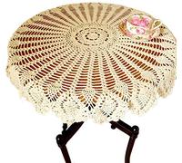 NC AMIPOS 90 cm Round Vintage Beige Handmade Crochet Lace Doilies Crochet Tablecloths Cotton Table Cover Table Topper Wedding Home Party Decor (Beige)