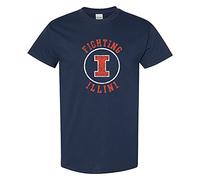 NCAA Distressed Circle Logo, Team Color T Shirt, College, University, Illinois Fighting Illini Navy, Medium