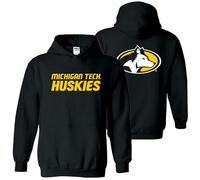 NCAA Front and Back Print, Team Color Hoodie, College, University, Michigan Tech Huskies Black, XL