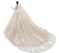 NCDIMS Newdeve Wedding Veils Cathedral Length 2 Tier Long Sequins Lace Edge Blusher with Comb, Ivory, 5 Meter