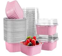Nchdewui Aluminium Foil Square Brownie Baking Cups, 100 Pcs Mini Loaf Pans with Lids, Foil Bread Containers, Reusable Foil Mini Loaf Tin for Home Kitchen (Pink)